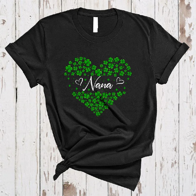 Nana, Adorable St. Patrick's Day Shamrocks Heart Shape, Matching Women Family Group T-Shirt Striped Floral Plaid