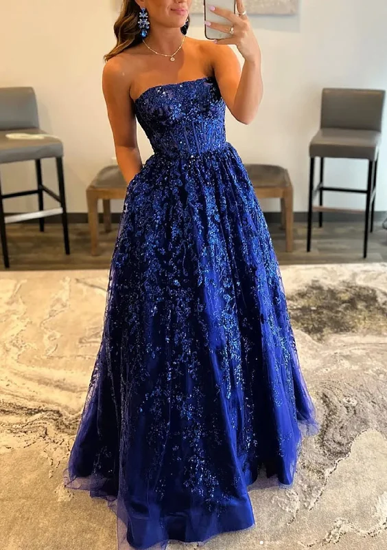 Princess Strapless Corset Royal Blue Lace Long Prom Party Dress, Pockets Tunics Custom made