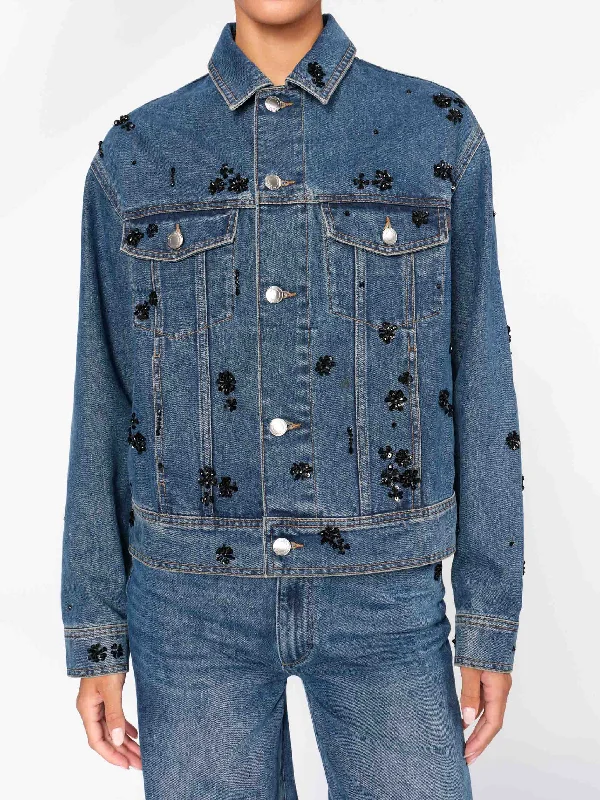 Jodie Denim Jacket | Embellished A-Line Jacket Boat Neck Shawl Collar
