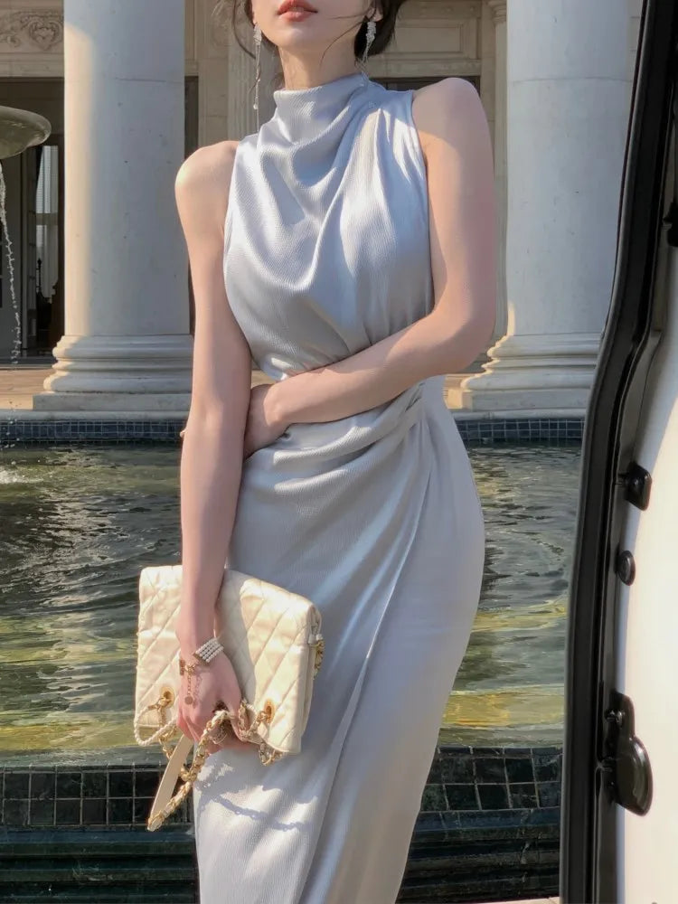Wjczt Women Summer Halter Satin Midi Party Dress Sleeveless Bodycon Slim Casual Solid Birthday Vestidos Female One Pieces Fashion Robe Tunics Party sparkling