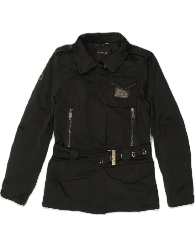 VINTAGE Womens Military Jacket UK 10 Small Black Polyamide Knit Fabric Woven Fabric Fleece Fabric