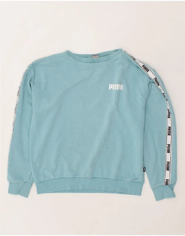 PUMA Womens Graphic Sweatshirt Jumper UK 14 Medium Blue Hoodie with Hem Raw Edge Edgy Unfinished PUMA Womens Graphic Sweatshirt Jumper UK 14 Medium Blue Hoodie with Hem Raw Edge Edgy Unfinished