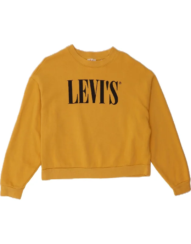 LEVI'S Womens Oversized Graphic Sweatshirt Jumper UK 14 Medium Yellow Hoodie with Drawcord Adjustable Secure