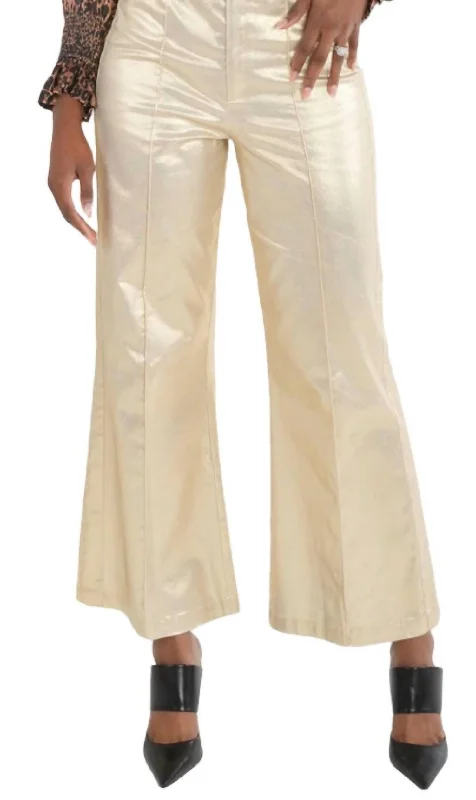 Ruffle Flare Pant In Metallic Gold Cotton Soft Sweatpants Style
