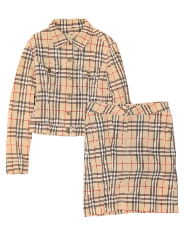 BURBERRY Womens 2 Piece Skirt Set UK 12 Medium W32 Beige Check Cotton silk skirt lustrous