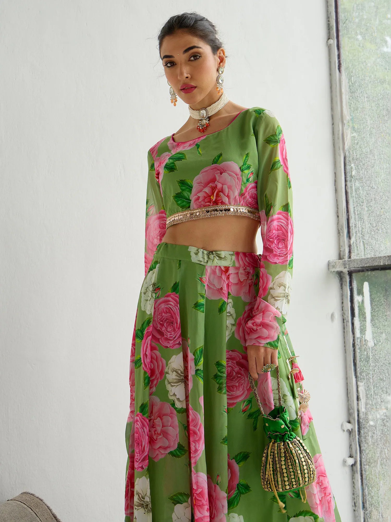 Women Green Floral Crop Top With Anarkali Skirt-SHSET96063 wool skirt breathable