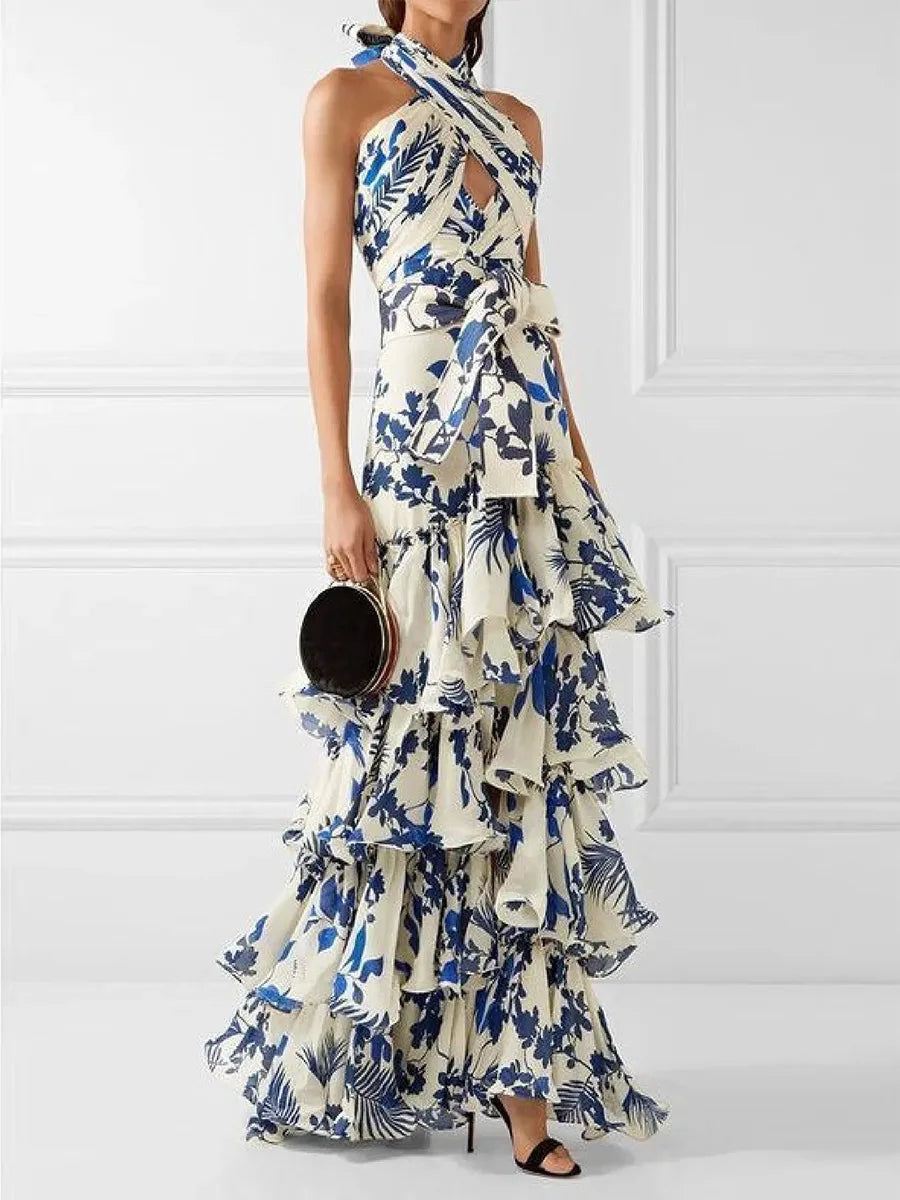 Wjczt Elegant Printed Women's Dresses Sleeveless Neck-mounted Female Formal Vestidos Aesthetic Layered Ruffled Hem Evening Party Dress Tunics Exclusive limited