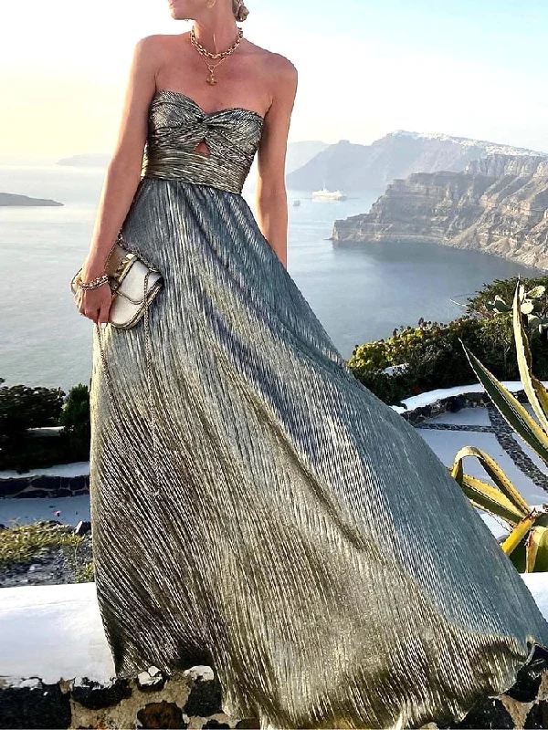 Wjczt Sexy Twist Strapless Hollow Out Long Dress Women Boho Elegant Bronzing Evening Dress Fashion Sleeveless A-Line Party Dress Tunics Chinos classic