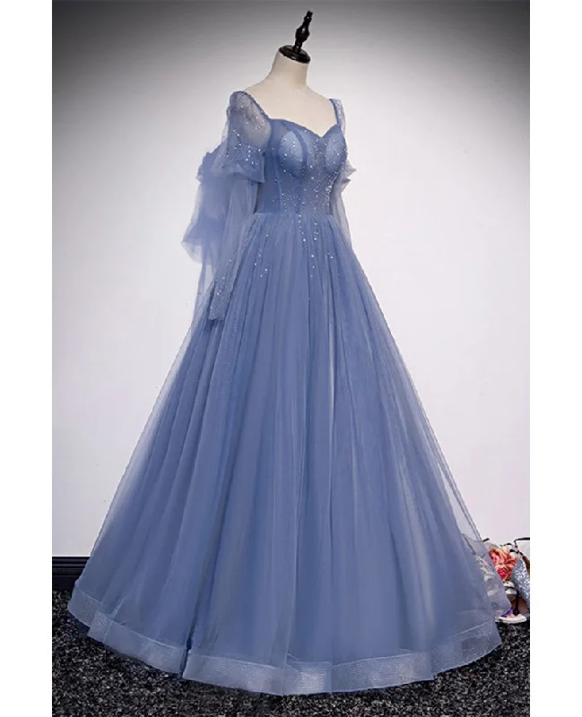 Beautiful blue sheer beaded long party dress, A-shaped long sleeved backless and floor length evening dress Tunics New arrival