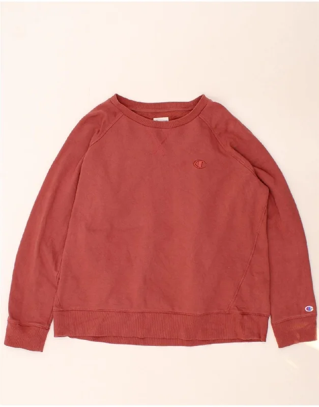 CHAMPION Womens Oversized Sweatshirt Jumper UK 16 Large Red Hoodie with Pattern Geometric Abstract