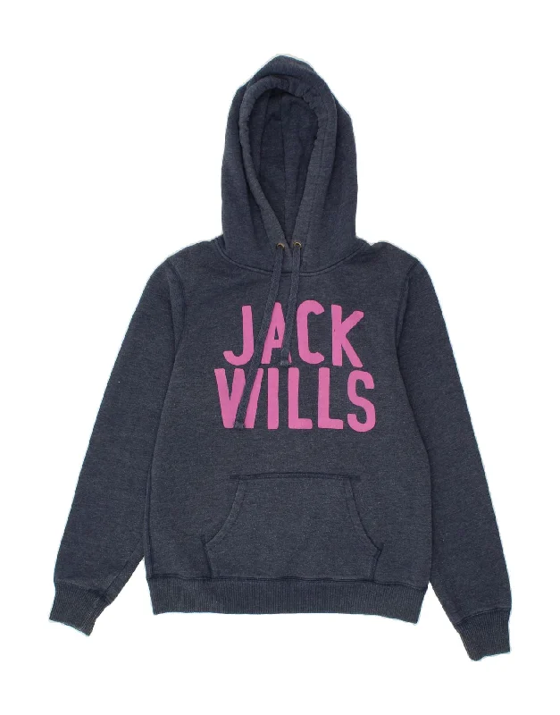 JACK WILLS Womens Graphic Hoodie Jumper UK 14 Large Navy Blue Cotton Hoodie with Ribbed Neckline Snug Warm