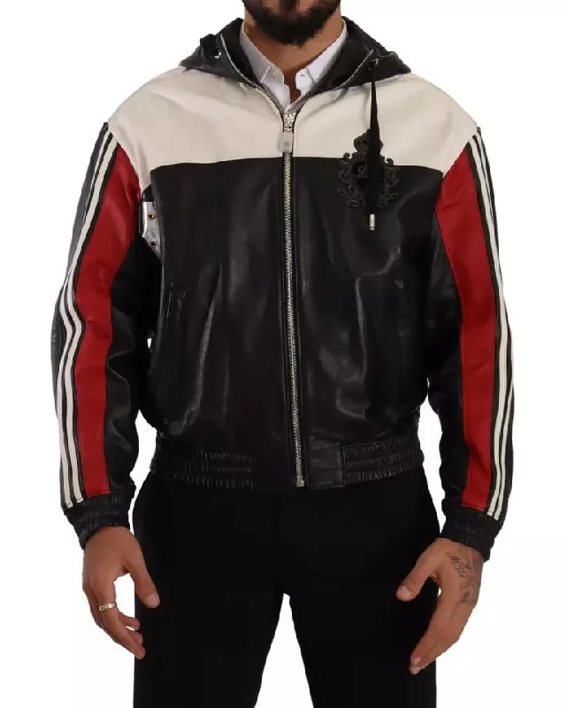 Black Leather Hooded Blouson Jacket Jacket Blazer Coat