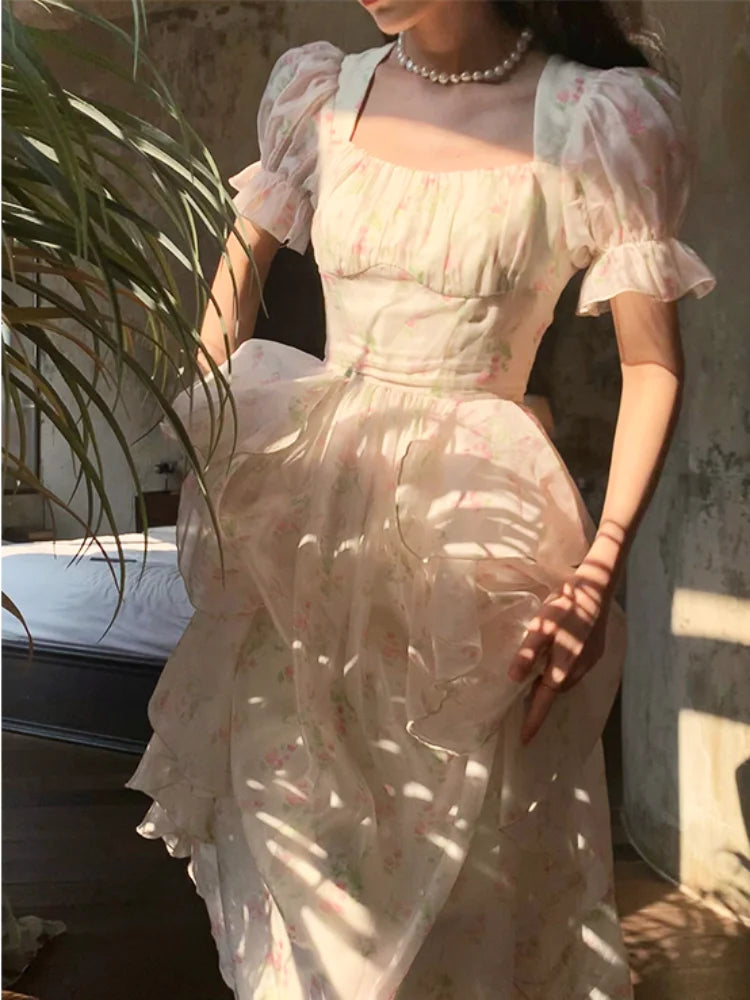 Wjczt Casual Floral Midi Dresses Women Elegant Short Sleeve Vintage Party Dress Summer One Piece Dress Korean Female Ruffles Chic 2024 Tunics Floral girly