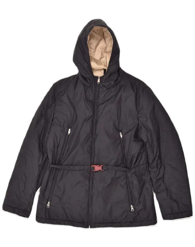 BELFE & BELFE Womens Hooded Padded Jacket IT 46 Large Black Polyester Print Jacket Jacquard Jacket Embroidered Jacket