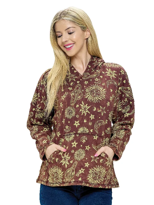 Hoodie Boho Universe Sun Moon Print Hoodie with Hem Embroidery Detailed Premium
