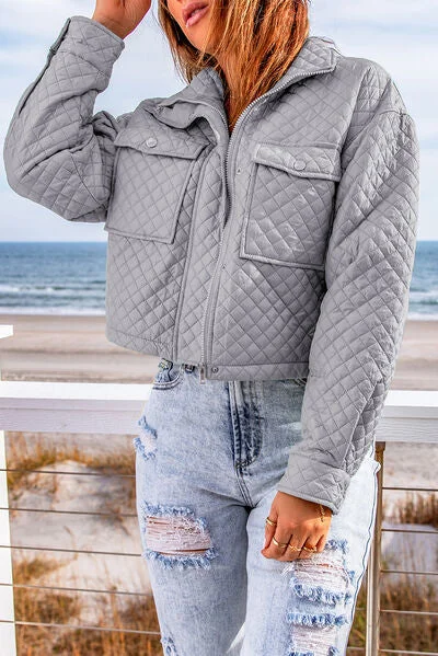 Quilted Snap and Zip Long Sleeve Cropped Jacket Faux Fur Jacket Real Fur Jacket Shearling Jacket