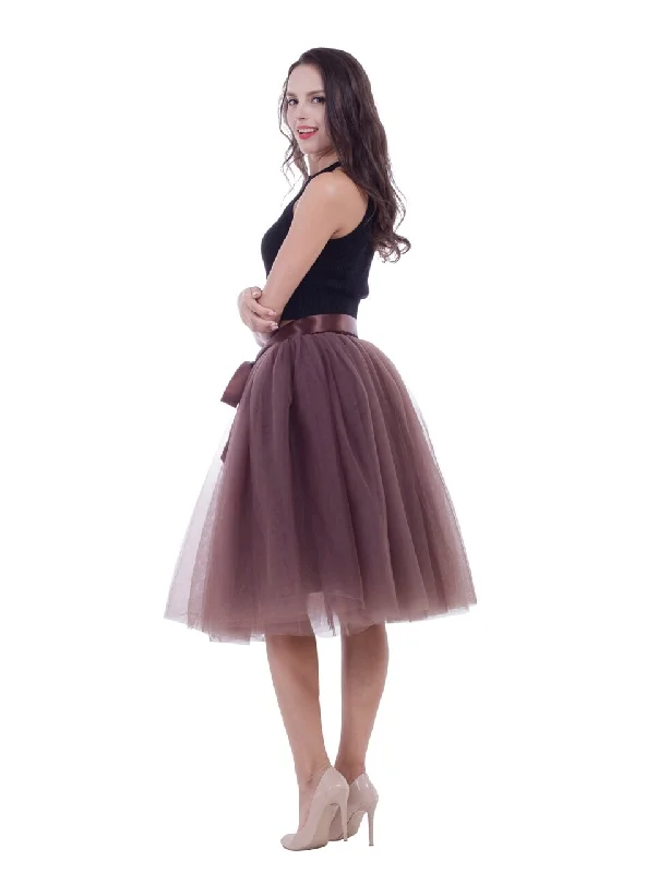Coffee Gauze Belt Puff Tulle Skirt casual skirt length