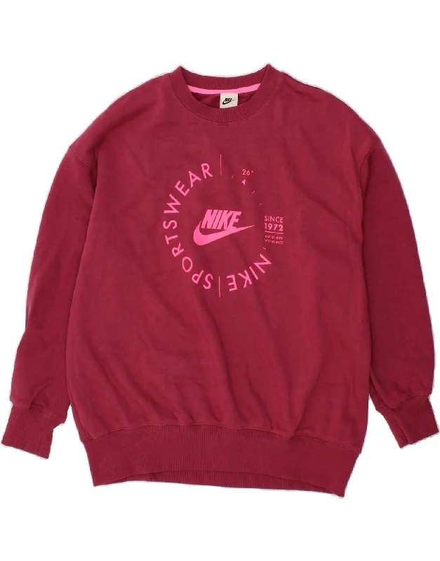 NIKE Womens Oversized Graphic Sweatshirt Jumper UK 14 Medium Pink Cotton Hoodie with Double Zipper Versatile Adjustable