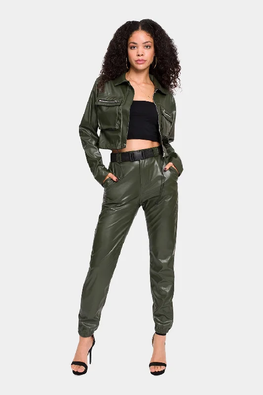 Faux Leather Cropped Jacket High Rise Jogger Set Denim Jacket Leather Jacket Suede Jacket