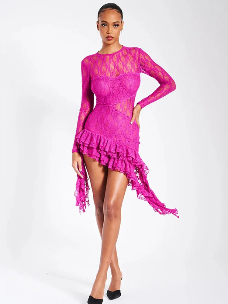 Wjczt Elegant Lace Ruffle Sexy Mini Dress For Women Fashion O Neck Long Sleeve Backless Bodycon Irregular Club Party Dress Tunics Fashionable trendy