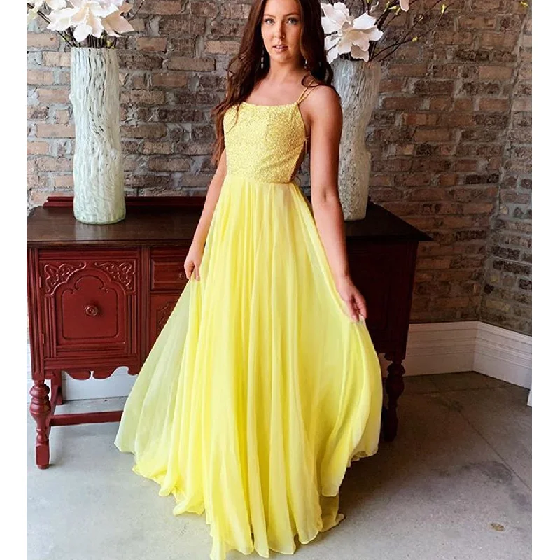 Yellow Spaghetti Straps A-line Backless Chiffon Sequin Prom Dresses, FC2402 Tunics Winter warm Yellow Spaghetti Straps A-line Backless Chiffon Sequin Prom Dresses, FC2402 Tunics Winter warm