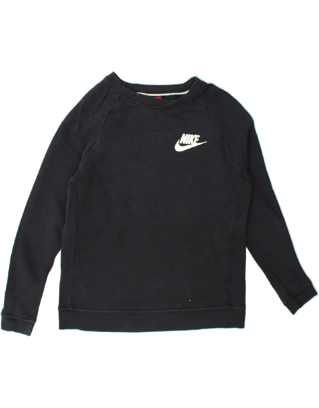NIKE Womens Sweatshirt Jumper UK 10 Small Black Cotton Hoodie with Hem Frayed Vintage Worn