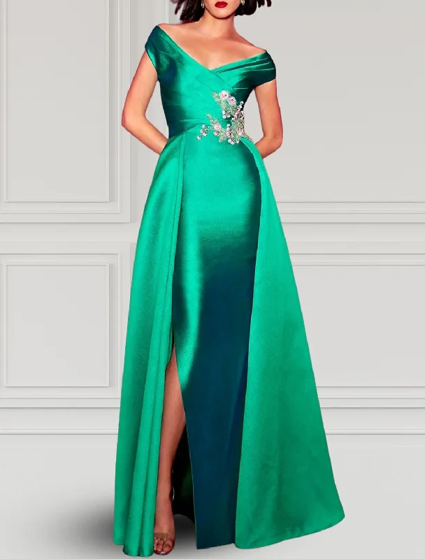 A-Line Evening Gown Party Dress Elegant Dress Formal Fall Floor Length Short Sleeve V Neck Satin with Slit Appliques Tunics Party sparkling