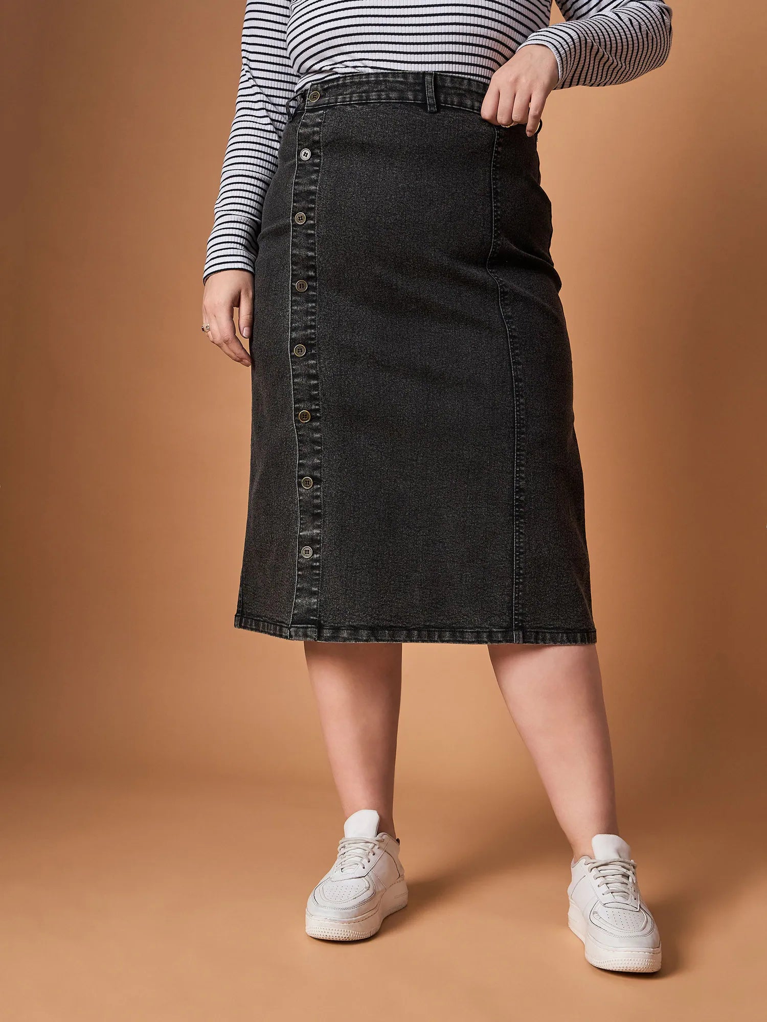 Women Black Acid Wash Denim Side Button Midi Skirt-SFSKRT30468 lace skirt intricate