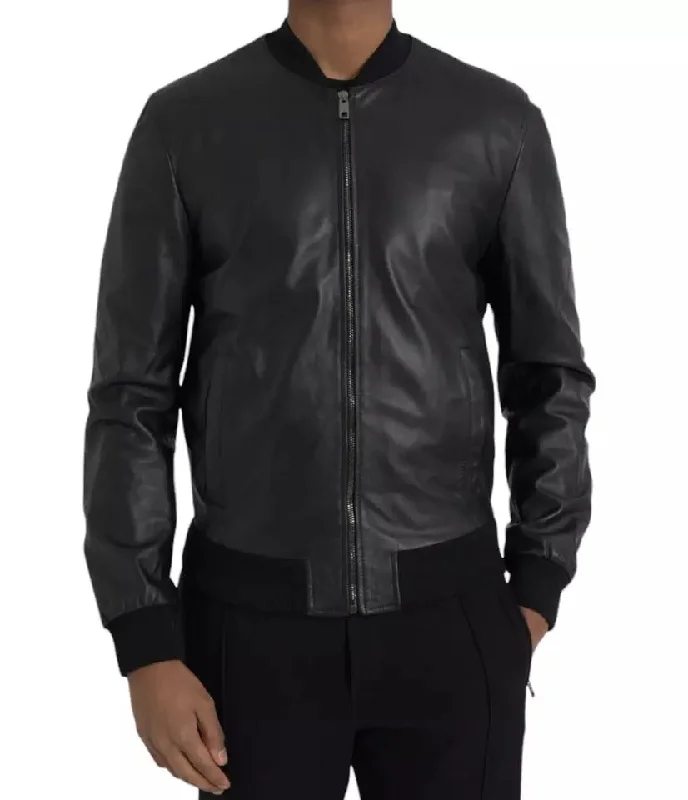 Black Bomber Leather Full Zip Biker Blouson Jacket Bomber Jacket Anorak Windbreaker
