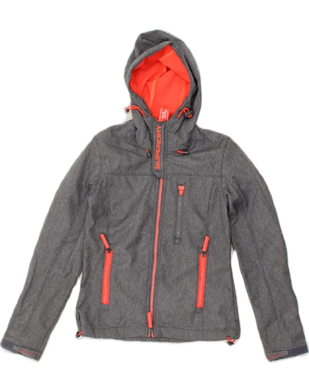 SUPERDRY Womens Windtrekker Hooded Rain Jacket UK 2 2XS Grey Polyester Toggled Jacket Drawstring Jacket Belted Jacket