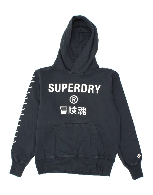 SUPERDRY Womens Graphic Hoodie Jumper UK 14 Medium Navy Blue Cotton Hoodie with Sequins Glamorous Eye-catching