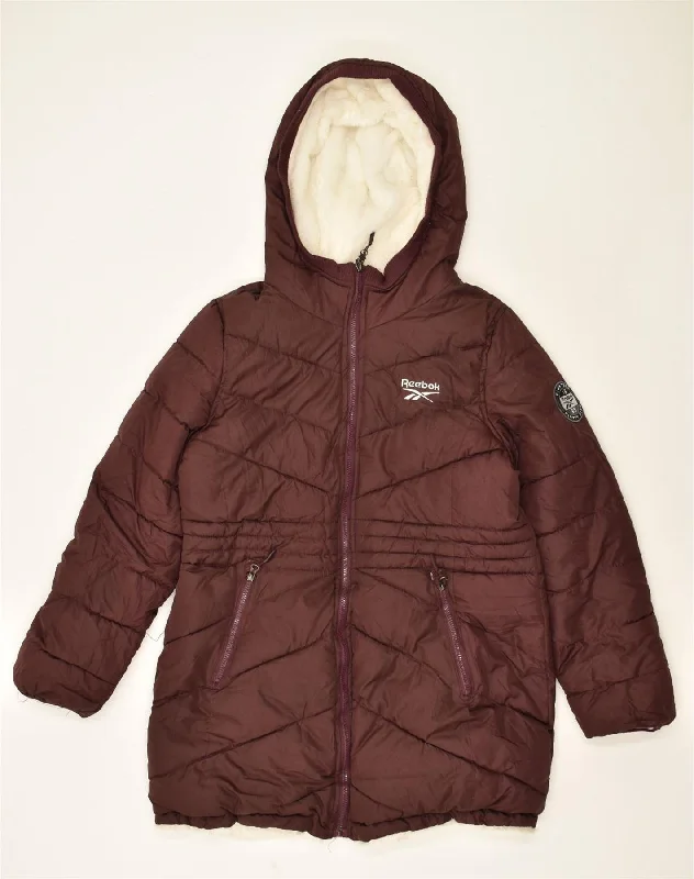 REEBOK Womens Hooded Padded Jacket UK 16 Large Brown Polyester Rayon Jacket Velvet Jacket Corduroy Jacket