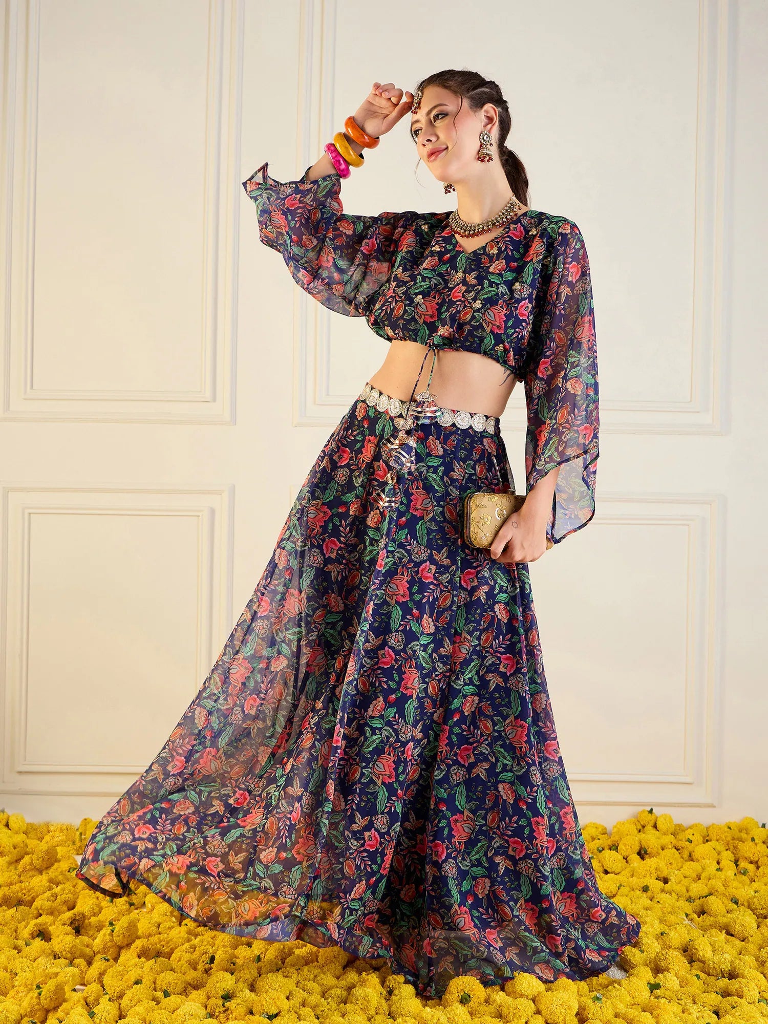 Women Navy Floral Anarkali Skirt With Front Dori Crop Top-SHSET95953 linen skirt airy