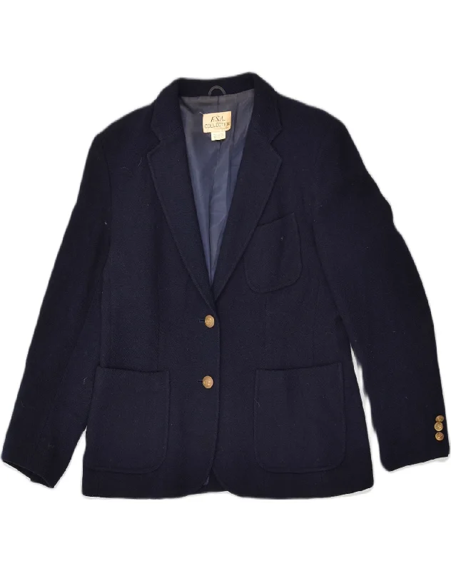 VINTAGE Womens 2 Button Blazer Jacket UK 12 Medium Navy Blue Rayon Oversized Jacket Tailored Jacket Straight Jacket