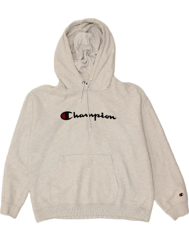 CHAMPION Womens Oversized Graphic Hoodie Jumper UK 16 Large Grey Flecked Hoodie with Hood Adjustable Protection