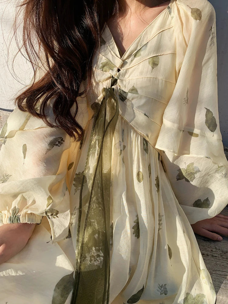 Wjczt French Vintage Floral Fairy Dress Women Casual Elegant Beach Style Party Dress Chiffon One Piece Dress Korean Women Summer Turtleneck Neckline Stylish