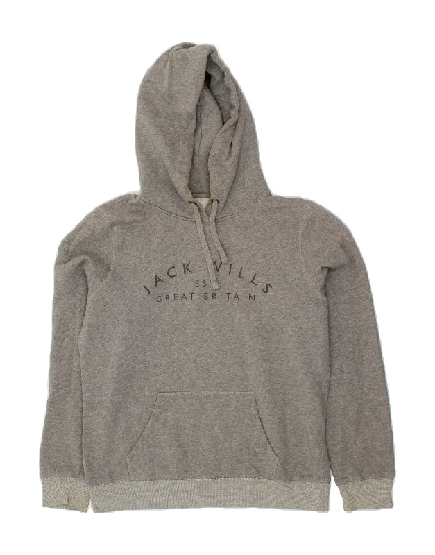 JACK WILLS Womens Graphic Hoodie Jumper UK 14 Large Grey Cotton Hoodie with Hem Ribbing Snug Secure