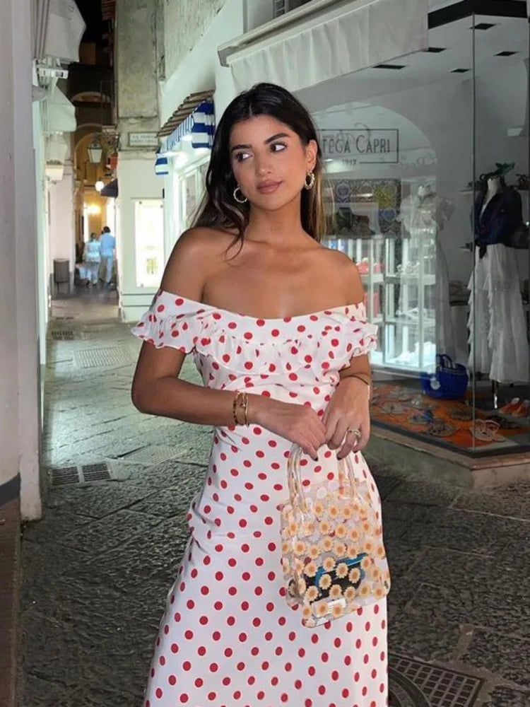 Wjczt  Polka Dot Ruffles Bandage Maxi Dress Women Off Shoulder Slim Elegant Party Dress Summer Beach Holiday Sundresses Tunics Occasion special