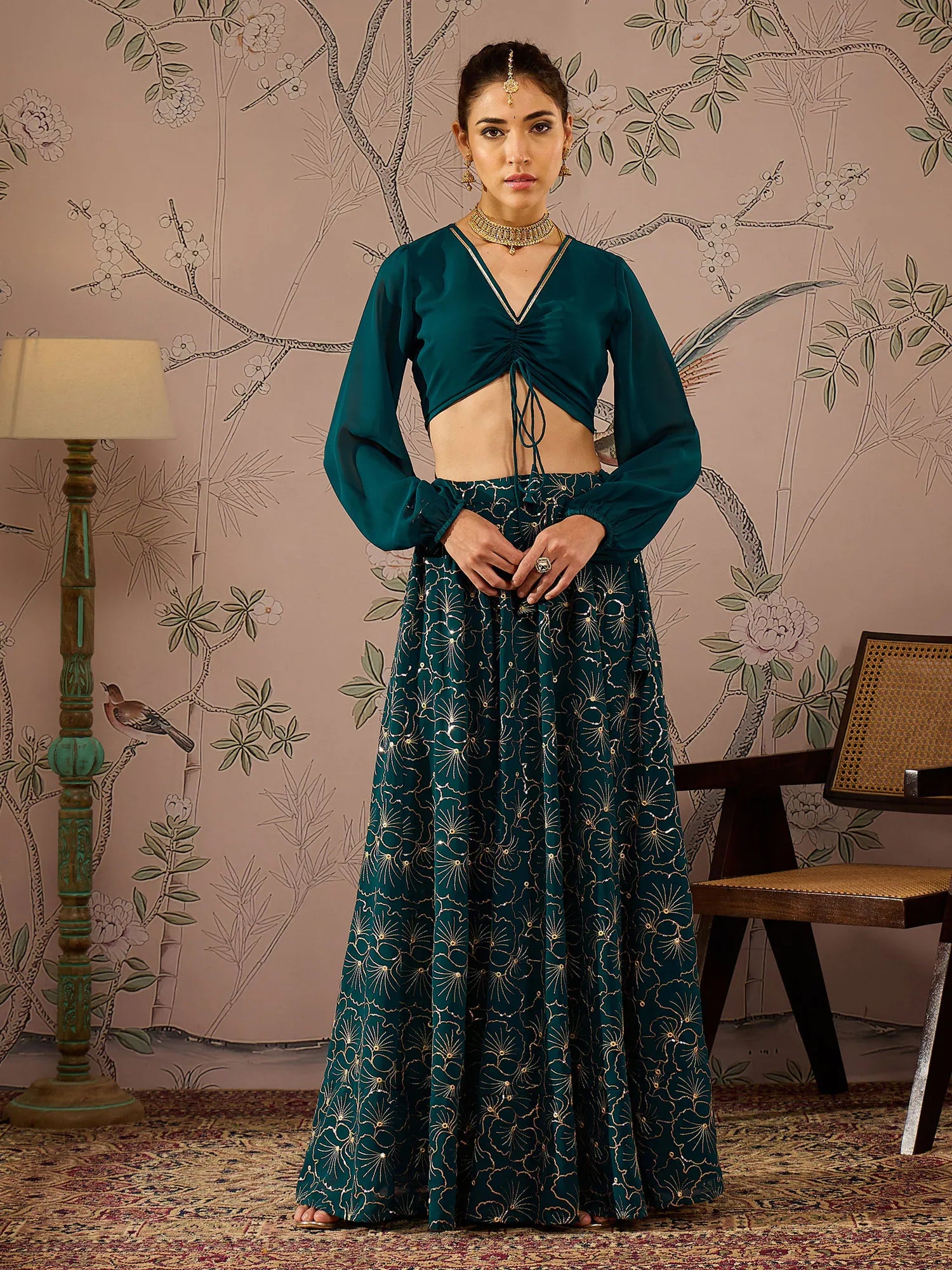 Women Teal Solid Crop Top With Sequins Anarkali Skirt-SHSET96088 pleated skirt texture