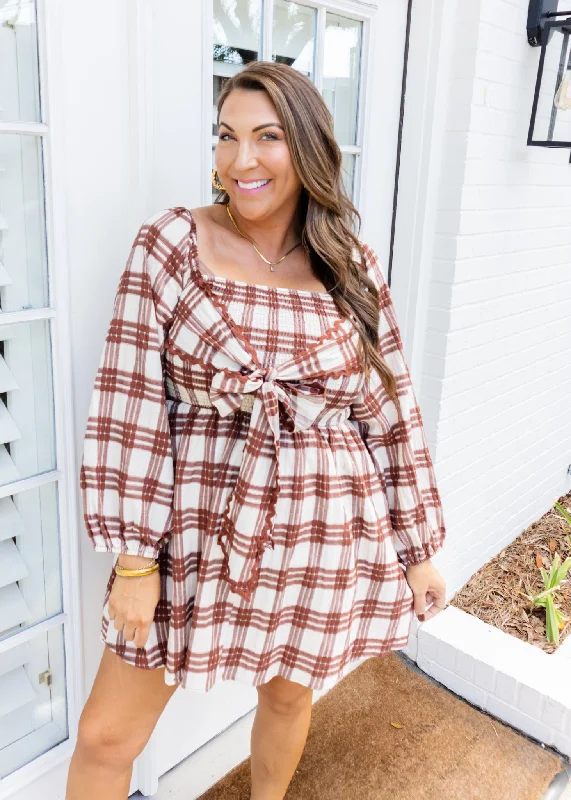 Brown Plaid Bow Smocked Dress Tunics Fleece cozy