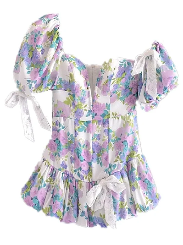 Wjczt Retro Women Spliced Bow Bandage Floral Print Mini Dress Sexy Short Lantern sleeve One Shoulder Party Dresses Tunics Distressed trendy