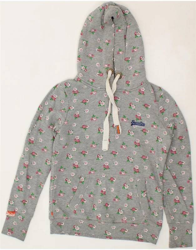 SUPERDRY Womens Graphic Hoodie Jumper UK 10 Small Grey Floral Hoodie with Button Classic Timeless SUPERDRY Womens Graphic Hoodie Jumper UK 10 Small Grey Floral Hoodie with Button Classic Timeless