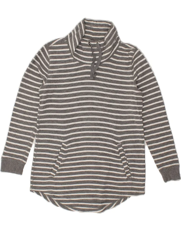 J. CREW Womens Roll Neck Sweatshirt Jumper UK 14 Medium Grey Striped Hoodie with Raw Hem Edgy Unfinished