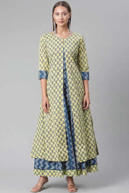 Yellow Shrug Style Cotton Printed Kurta With Skirt denim skirt stylish