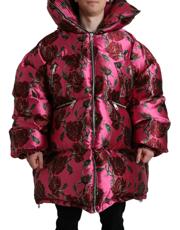 Elegant Rose Print Quilted Jacket A-Line Jacket Boat Neck Shawl Collar