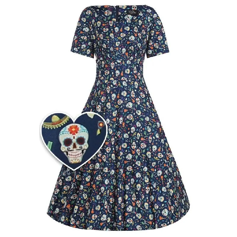 Brenda Navy Blue Mexican Skull Short-Sleeved Adorned Dress Elegant Long Evening