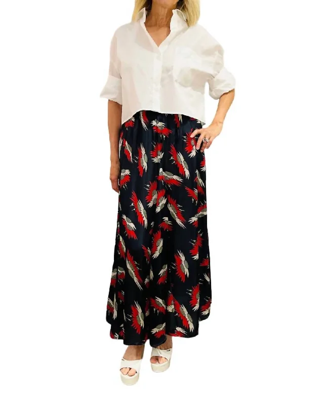 Godet Maxi Skirt In Navy Birds Of Paradise Print denim skirt classic