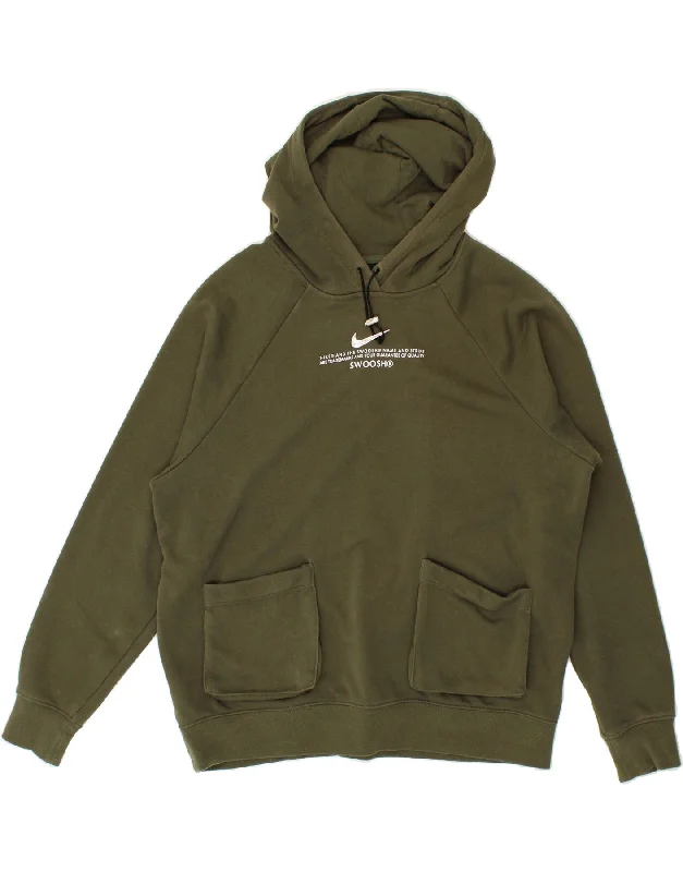 NIKE Womens Swoosh Oversized Graphic Hoodie Jumper UK 16 Large Khaki Hoodie with Side Slits Relaxed Casual