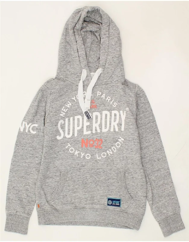 SUPERDRY Womens Graphic Hoodie Jumper UK 10 Small Grey Flecked Polyester Hoodie with Cuffed Sleeves Snug Secure