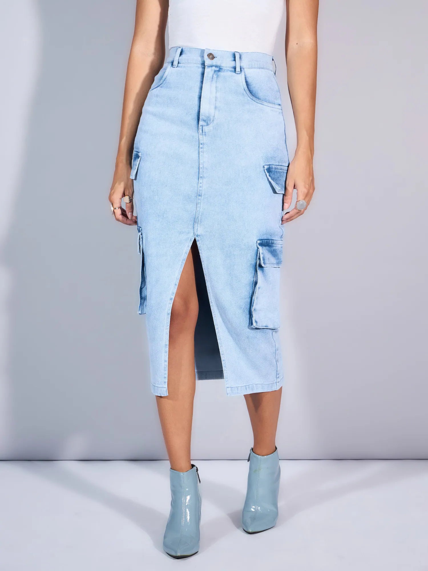 Women Light Blue Denim Box Pocket Front Slit Midi Skirt-SFSKRT30452 leather skirt refined